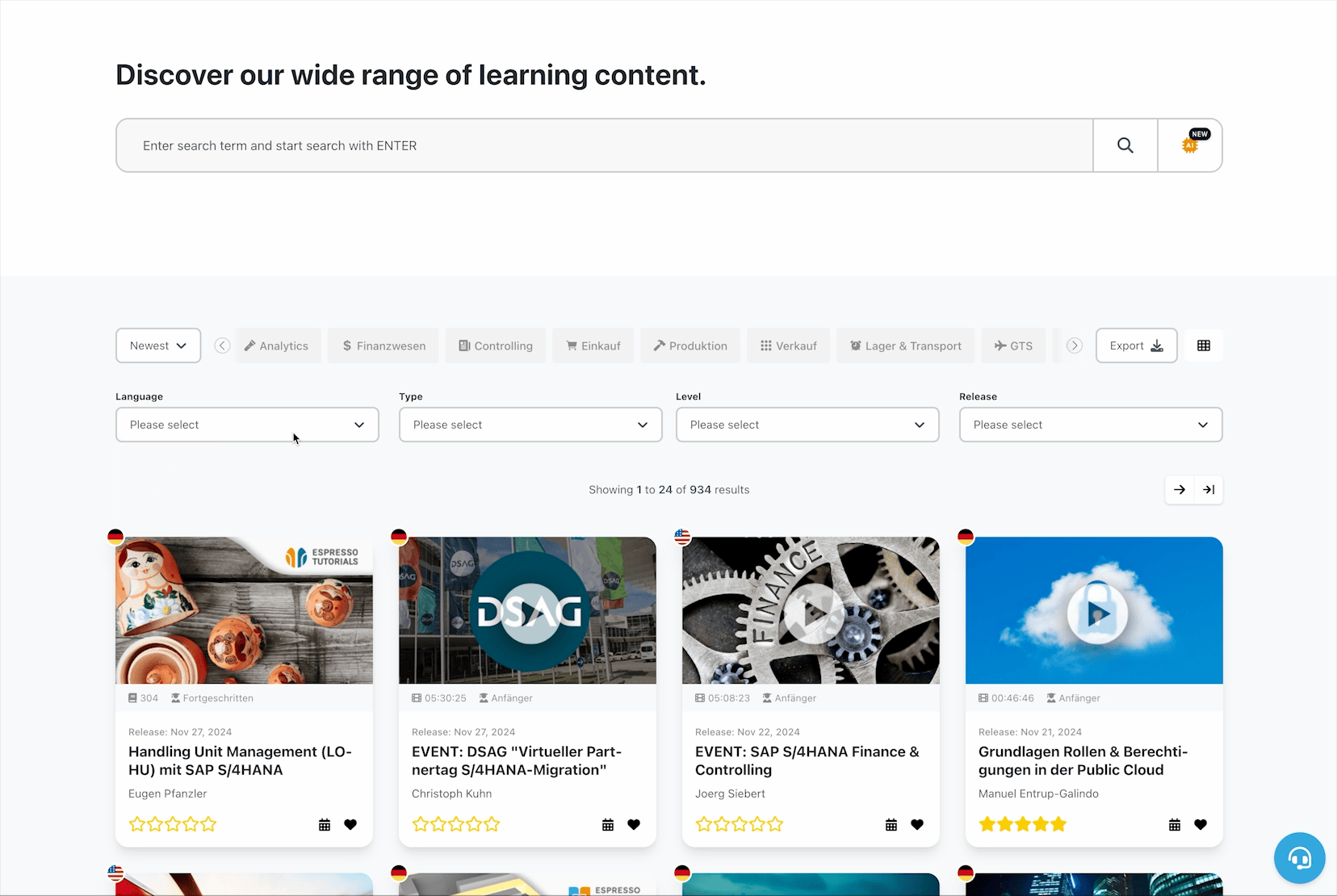 Our filter options let you quickly and easily select a topic, language and level of knowledge.